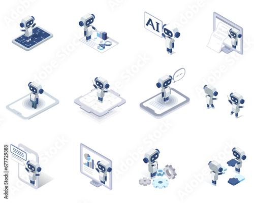 Vector isometric illustration set of Artificial intelligence AI robot