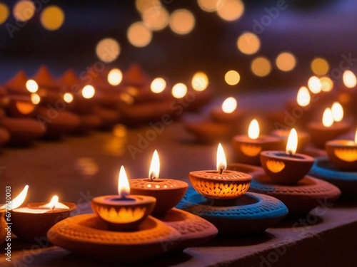 Painted clay lamps light up during Diwali celebrations. 