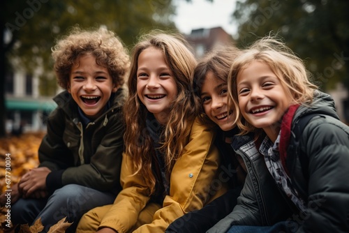Grupo de amigos alegres niños con caras sonrientes posando en al aire libre en un día soleado de otoño, los niños y las niñas emocionados que se divierten durante la actividad en la naturaleza. photo