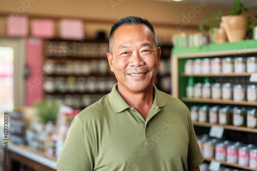 Asian Shop Owner's Smiles of Achievement. His hard work pays off as he proudly opens his store.