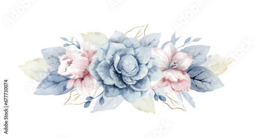 Watercolor vector dusty blue flower wreath, delicate clipart with the image of winter flowers. Perfect for wedding invitation, date saving, home decor. Hand painted illustration.