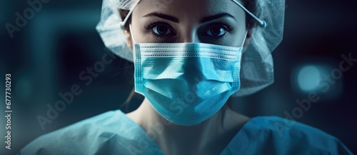  a woman wearing a surgical mask and a surgical cap is looking at the camera with a serious look on her face.