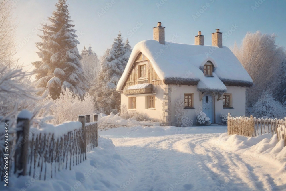 house in the snow, winter cottage house, magic cozy winter, village, at the country, ai generated, langscape,