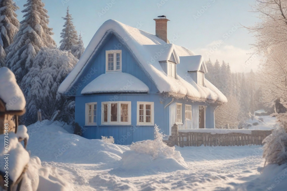 house in the snow, winter cottage house, magic cozy winter, village, at the country, ai generated, langscape,