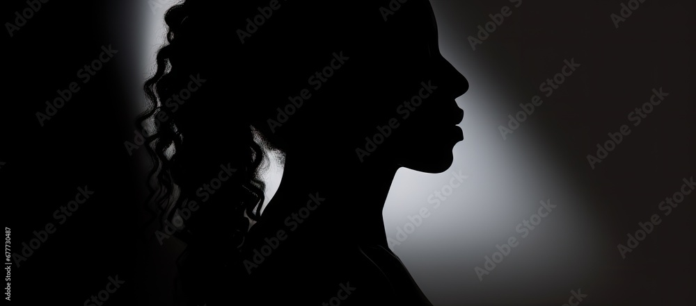  a black and white photo of a woman's face in the shadows of a dark room with a light coming from behind her.
