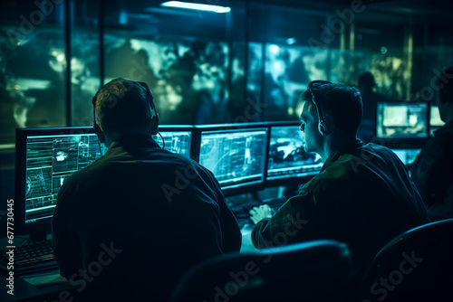 Military operator surveillance use computer for control security drone or air strike to in city. Concept cyber command post of army