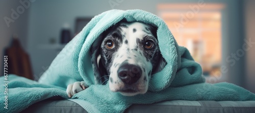  a black and white dog with a blue blanket on it's head is looking at the camera while laying on a bed.