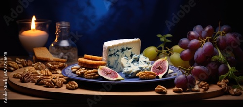  a plate of cheese, crackers, grapes, nuts, and a candle on a table with a blue background.