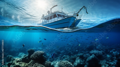 Design template for a gorgeous sunlight sea view safari dive boat in a tropical sea with deep blue beneath spitted by waterline. photo