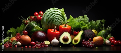  a pile of fruits and vegetables sitting on top of a black table next to a pile of oranges  avocados  tomatoes  broccoli  radishes  radishes  and more.