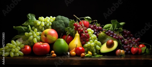  a table topped with lots of different types of fruits and veggies on top of a wooden table next to a black wall.