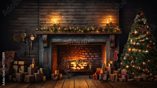  a fireplace with a christmas tree, presents, and a clock on the mantle and a christmas tree in front of it.