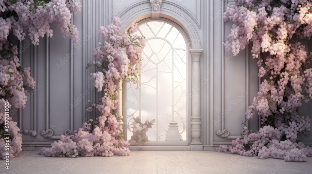 a room with a large window and a bunch of pink flowers on the side of the room and a door with a window on the other side of the room. generative ai a room with a large window and a bunch of pink flowers on the side of the room and a door with a window on the other side of the room. generative ai