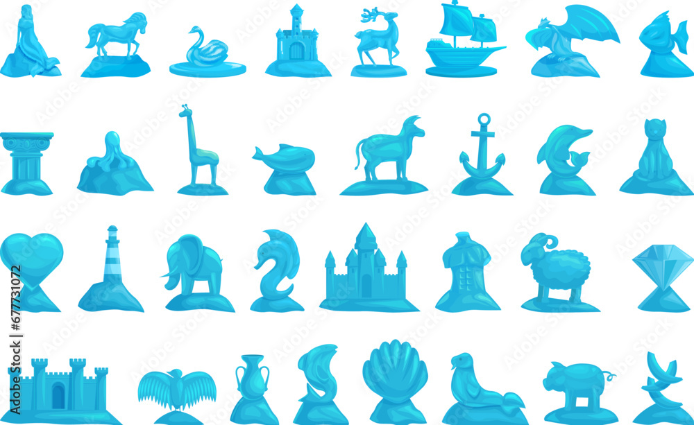 Ice sculpture icons set cartoon vector. Animals mermaid. Statue blue beast - obrazy, fototapety, plakaty 