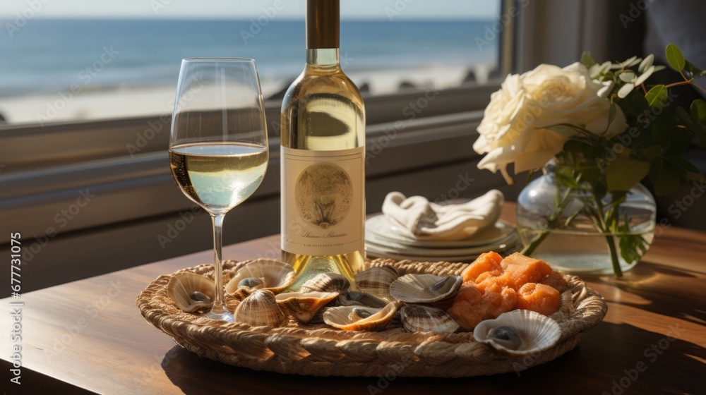Wine by the Sea: Illustrate a crisp white wine bottle set against a backdrop of a serene seaside. 