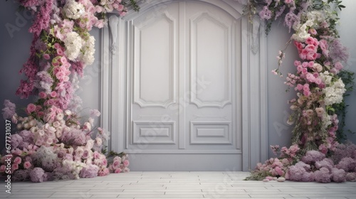  a white door with a bunch of pink and white flowers on it and a white tile floor in front of the door is a white wall with a white door. generative ai
