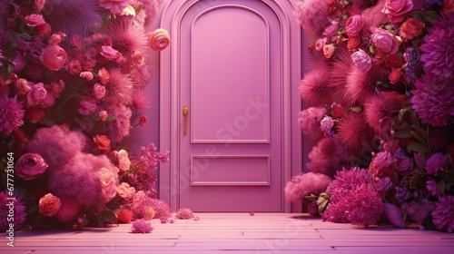  a purple door surrounded by pink flowers and a bunch of pink flowers on the floor in front of a pink wall with a pink door in the middle of it. generative ai