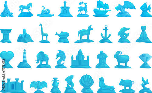 Ice sculpture icons set cartoon vector. Animals mermaid. Statue blue beast photo