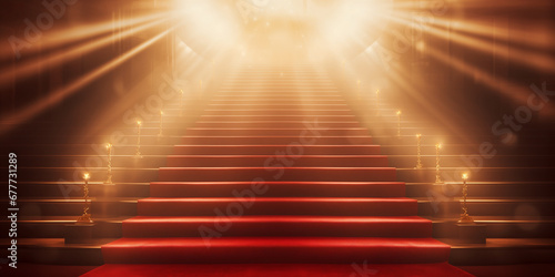 Red carpet and golden barrier with cinema light, event background photo