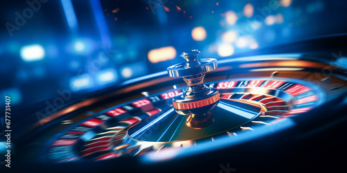 Banner Casino roulette wheel in motion, colorful background with bokeh light.