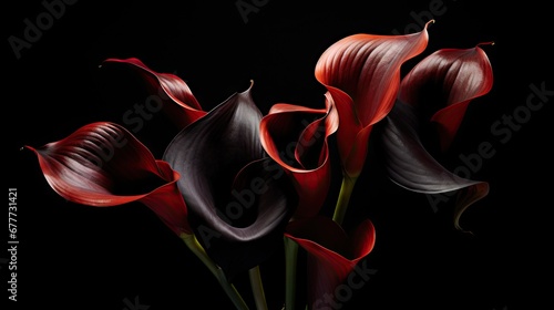  a bouquet of red and black calla lilies in a glass vase on a black background with a reflection of the flowers in the vase on the right side of the picture.  generative ai photo