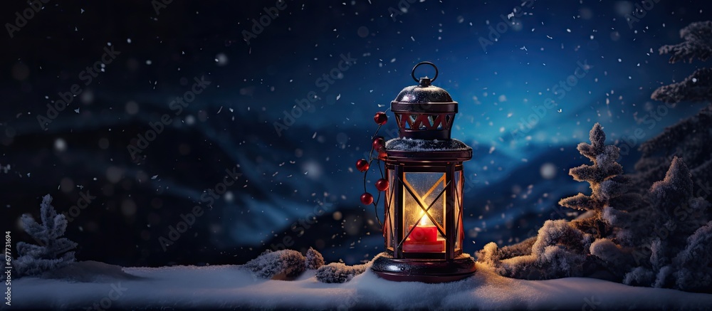 a lighted lantern sitting on top of a pile of snow next to a forest filled with lots of snow covered trees. a lighted lantern sitting on top of a pile of snow next to a forest filled with lots of snow covered trees.