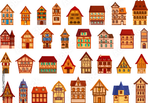 Traditional german houses icons set cartoon vector. Medieval village. Middle age