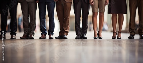  a group of business people standing next to each other on a hard wood floor with their feet in the air.