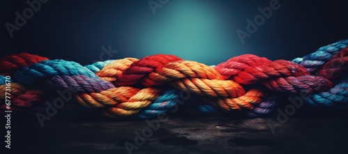 a pile of multicolored ropes sitting on top of a wooden floor in front of a blue and black background.