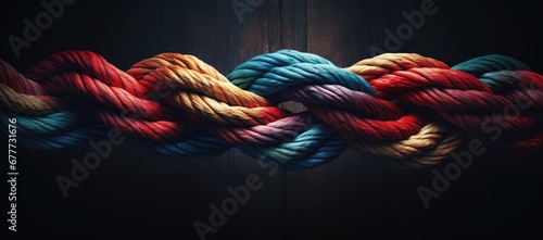  a group of multicolored ropes hanging on a wooden wall with a dark wooden door in the back ground. photo