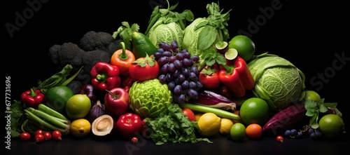  a pile of fruits and vegetables sitting on top of a black table next to a pile of broccoli. © Jevjenijs