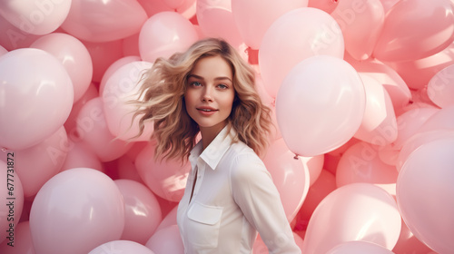 a young woman in white jumps at a lot of pink balloons