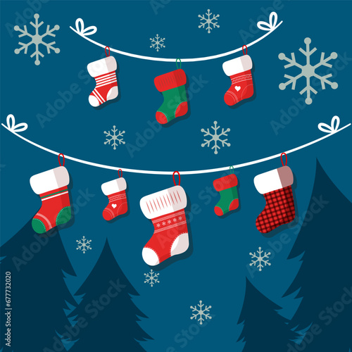 Winter merry christmas card background with stockings hanging and snowflakes