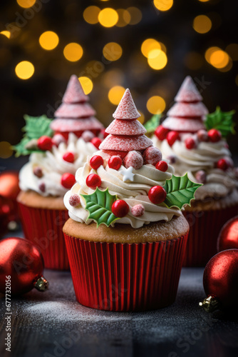 Tempting Christmas Cupcakes with Fluffy White Frosting, Cranberries and holly leaves. Fairy light bokeh background with baubles.