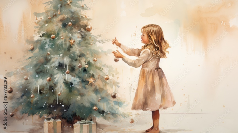 a painting of a little girl decorating a christmas tree with a star ornament on the top and a star on the bottom of the top of the tree. generative ai a painting of a little girl decorating a christmas tree with a star ornament on the top and a star on the bottom of the top of the tree. generative ai