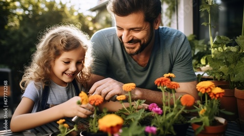 Cute Girl Planting Flowers With father At House Backyard home gardening concept parents teaching children to take care of plants at plant nursery