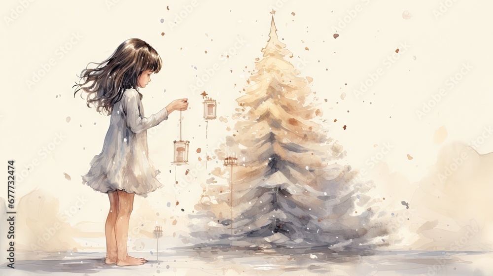 a painting of a little girl standing next to a christmas tree with a lantern in it's hand and looking at a lit candle in front of the tree. generative ai a painting of a little girl standing next to a christmas tree with a lantern in it's hand and looking at a lit candle in front of the tree. generative ai