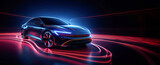 Electric car with neon lights, red, blue, futuristic banner on dark background