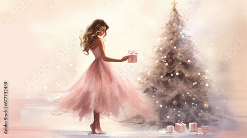  a painting of a girl in a pink dress holding a present in front of a christmas tree with presents on the floor and a star on the top of the tree. generative ai