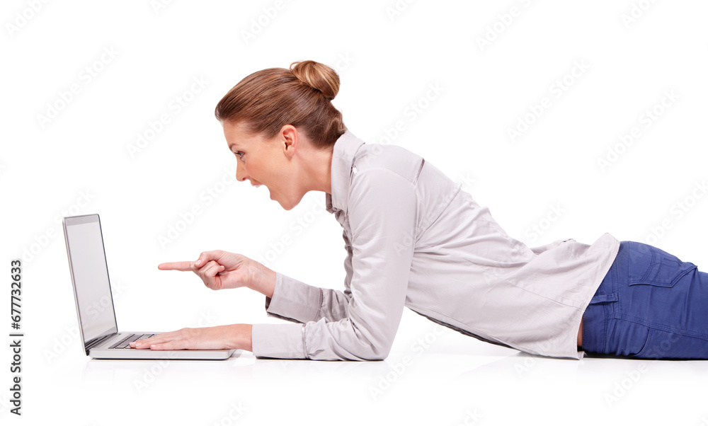 Studio laptop, excited and happy woman point at news, email promo or social media info, ads data or commercial. Wow, floor and person gesture at online shop, omnichannel or offer on white background Studio laptop, excited and happy woman point at news, email promo or social media info, ads data or commercial. Wow, floor and person gesture at online shop, omnichannel or offer on white background