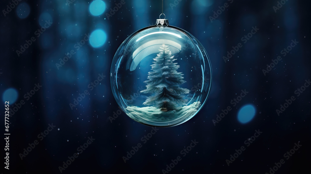 christmas tree in a christmas bauble on a branch with snow. christmas tree in a christmas bauble on a branch with snow.