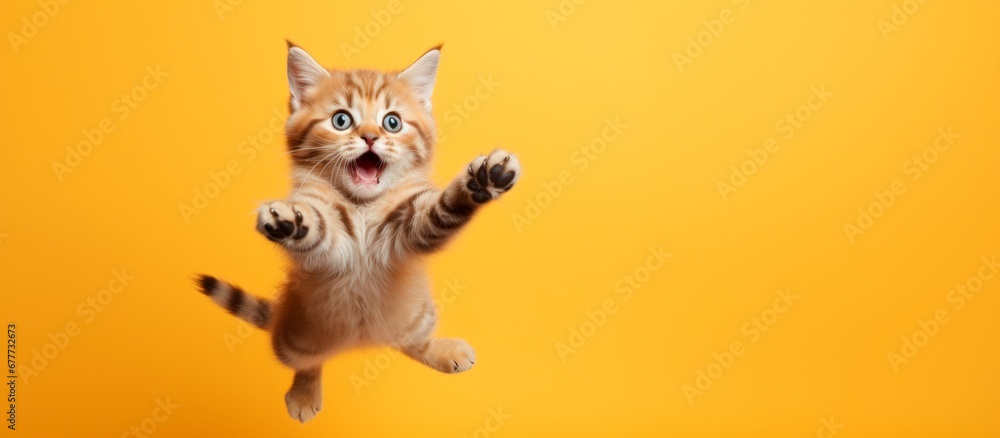Obraz premium funny little cat flying ion the air isolated on a vibrant orange background. Horizontal wallpaper banner card, large copy space for text. 