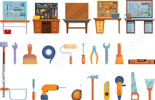 Garage tools board icons set cartoon vector. Interior workshop. Wooden board tool