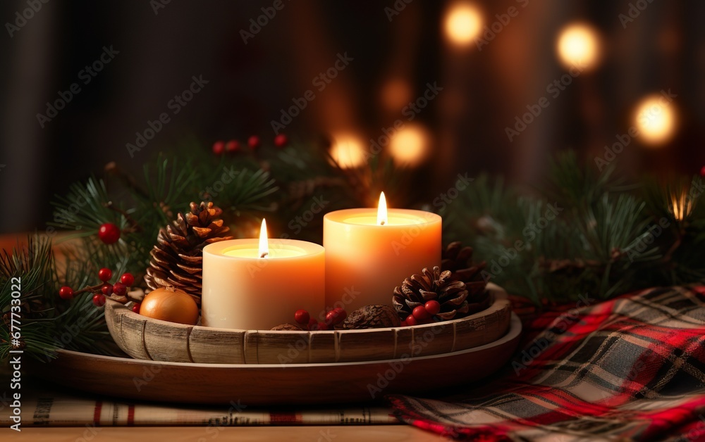 Burning candles and christmas decorations on wooden table