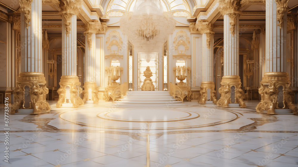 Light luxury royal posh interior in baroque style. White hall with expensive oldstyle furniture. - obrazy, fototapety, plakaty 