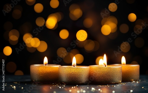 Burning candles over black background with bokeh glit faded