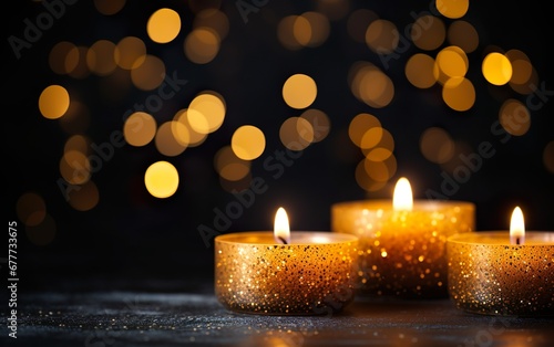 Burning candles over black background with bokeh glit fad