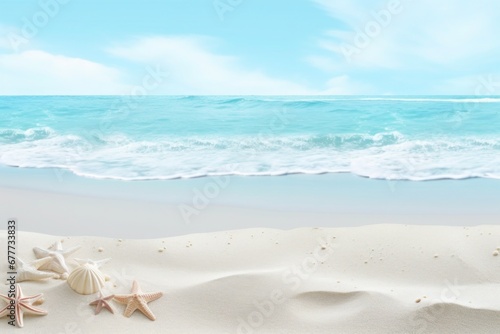 White sand beach and sea star blue background