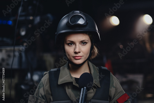 War press journalist young woman wearing bulletproof vest and helmet reporting live from destroyed city, pov camera view correspondent © Adin
