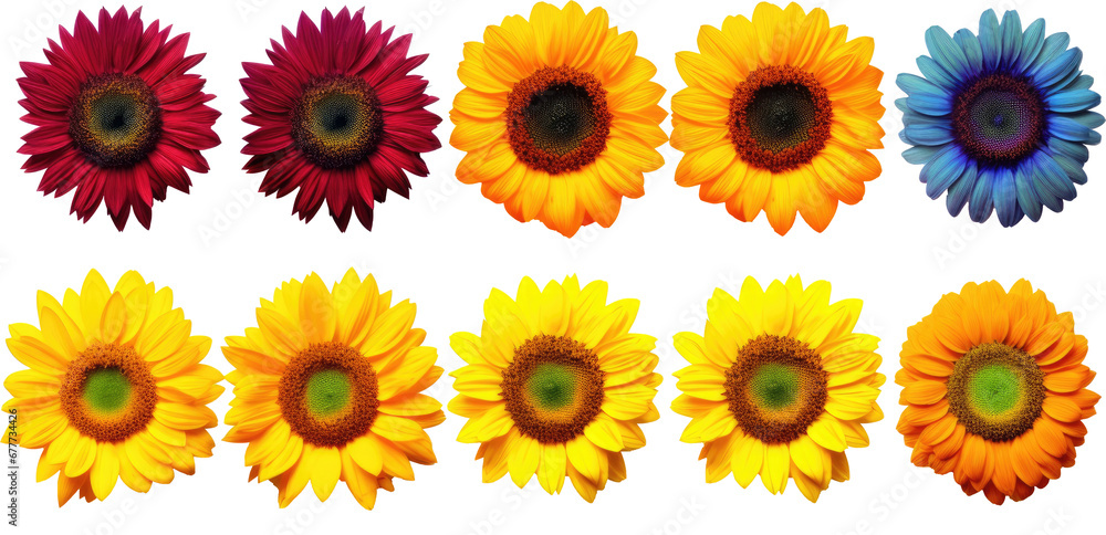 Set of sunflowers shot from above in various colors Isolated on transparent background. Set of sunflowers shot from above in various colors Isolated on transparent background.